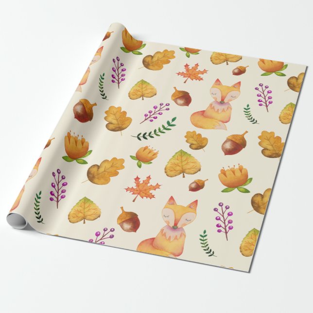 Woodland Fox Foliage Watercolor Pattern Wrapping Paper (Unrolled)