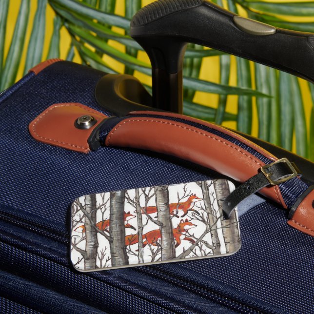 Woodland Fox Forest Luggage Tag Grey Personalise (Front Insitu 3)