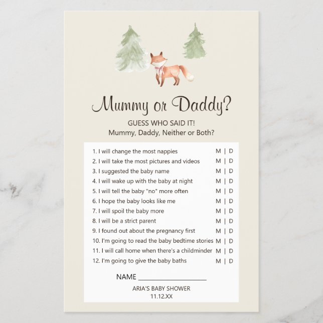 Woodland Fox Girl Baby Shower Mommy or Daddy Game Flyer (Front)
