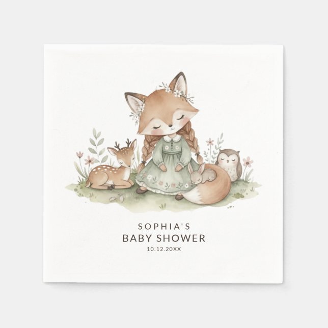 Woodland Fox Girl Baby Shower Paper Napkins (Front)