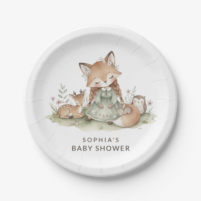 Woodland Fox Girl Baby Shower Paper Plate (Front)