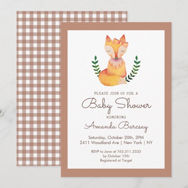 Woodland Fox Girls Baby Shower Invitation (Front/Back)