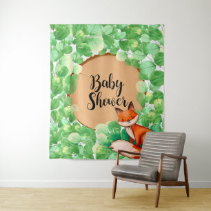 Woodland Fox Greenery Baby Shower Backdrop Tapestry