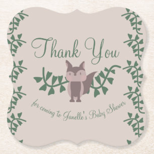 Woodland Fox Greenery Baby Shower Rustic  Paper Coaster