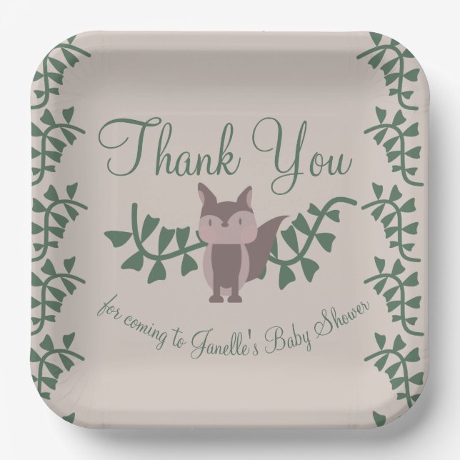 Woodland Fox Greenery Baby Shower Rustic   Paper Plate (Front)