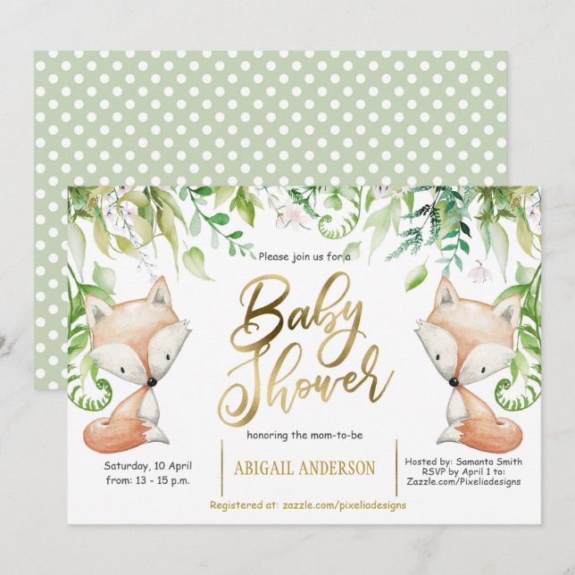 Woodland fox, Greenery, Faux Gold Baby Boy Shower Invitation (Front/Back)
