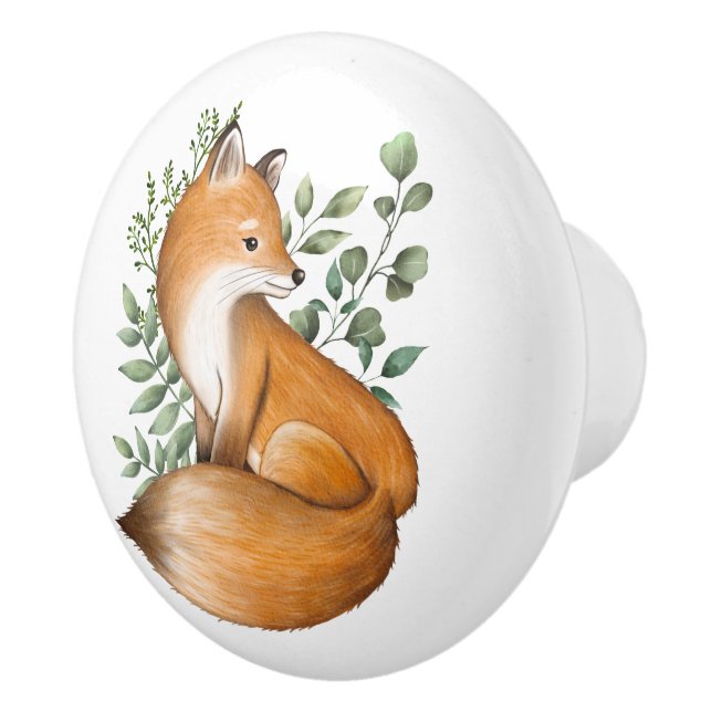 Woodland Fox Greenery Forest Botanical Leaves Ceramic Knob (Right)