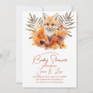 Woodland Fox Greenery Watercolor Leaf Baby Shower Invitation