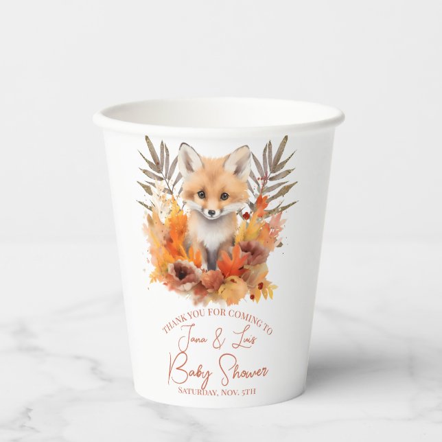Woodland Fox Greenery Watercolor Leaf Baby Shower Paper Cups (Front)