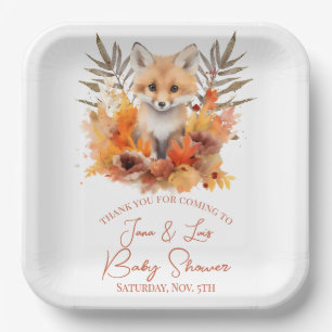 Woodland Fox Greenery Watercolor Leaf Baby Shower Paper Plate