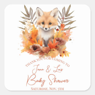 Woodland Fox Greenery Watercolor Leaf Baby Shower Square Sticker