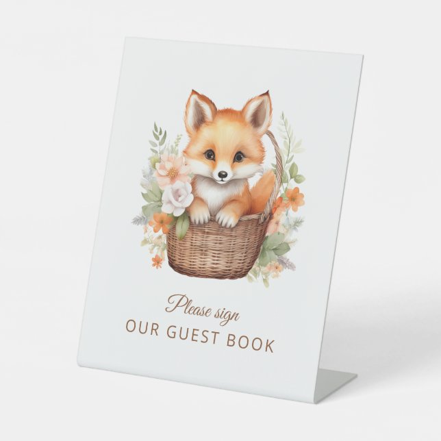 Woodland Fox Guest Book Baby Shower Pedestal Sign (Front)