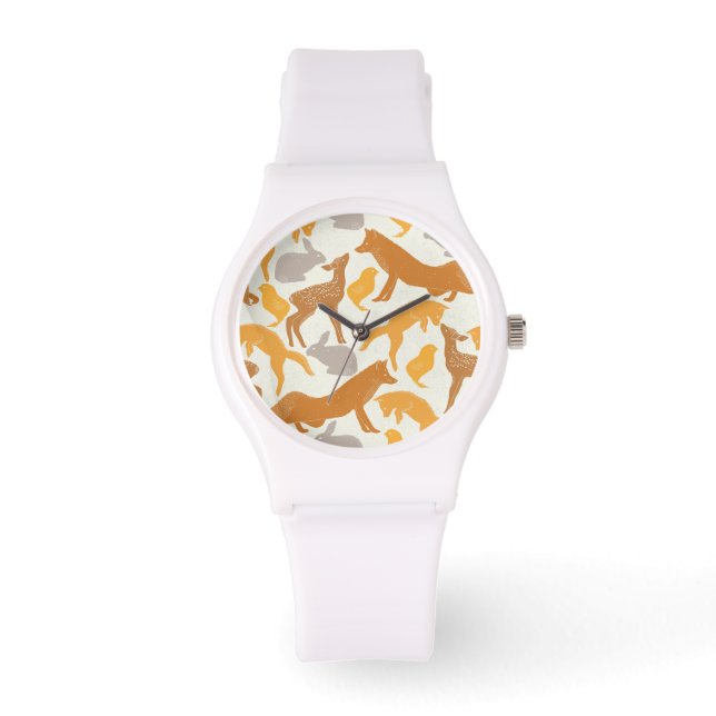 Woodland Fox Hare Chicken Orange Autumn Pattern Watch (Front)