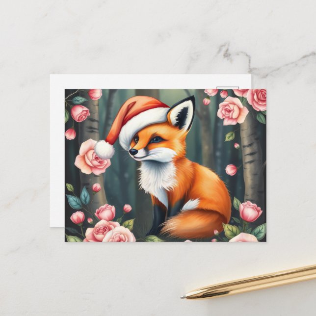 Woodland fox in Christmas hat holiday postcard (Front/Back In Situ)