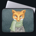Woodland Fox in Winter with Monogram Laptop Sleeve<br><div class="desc">A unique watercolor illustration of a woodland fox in winter snowfall bundled up in a light green scarf. The grey jacket has a custom monogram that you can edit with your desired monogram.</div>
