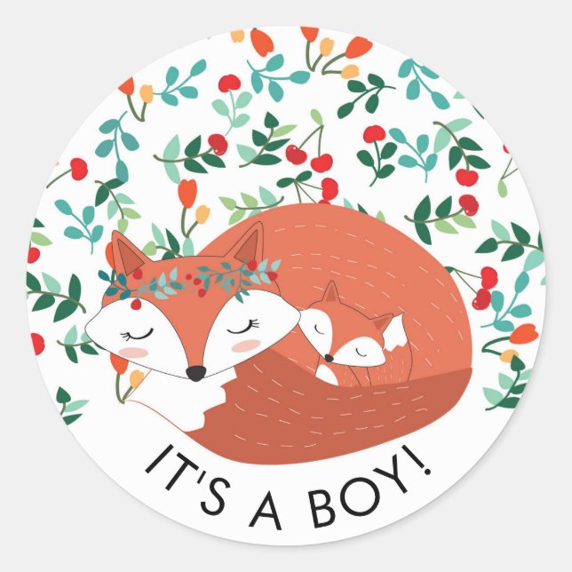 Woodland Fox It' a BOY Favour Sticker (Front)