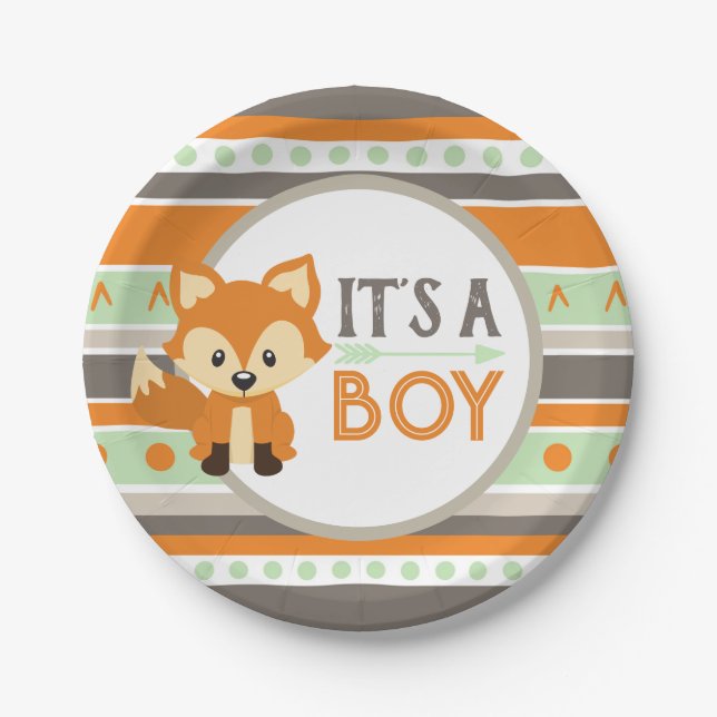 Woodland Fox It's A Boy Baby Shower Paper Plates (Front)