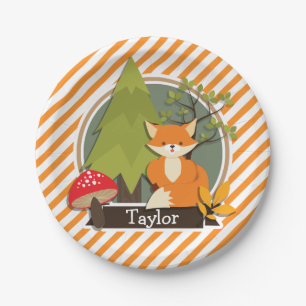 Woodland Fox; Orange and White Stripes Paper Plate