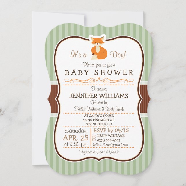 Woodland Fox; Orange, Sage, Brown Baby Shower Invitation (Front)