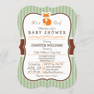 Woodland Fox; Orange, Sage, Brown Baby Shower Invitation