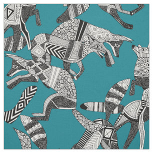 woodland fox party teal blue fabric