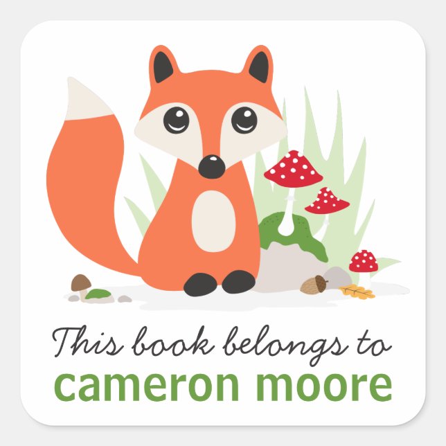 Woodland fox personalised bookplate book square sticker (Front)