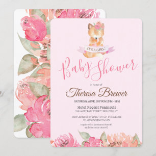 Woodland Fox Pink Watercolor Floral Baby Shower Invitation