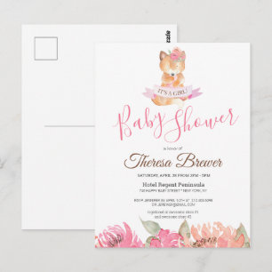 Woodland Fox Pink Watercolor Floral Baby Shower Postcard