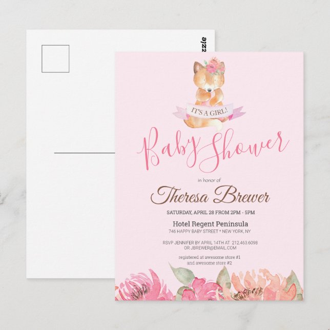 Woodland Fox Pink Watercolor Floral Baby Shower Postcard (Front/Back)