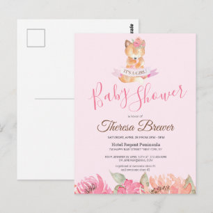 Woodland Fox Pink Watercolor Floral Baby Shower Postcard