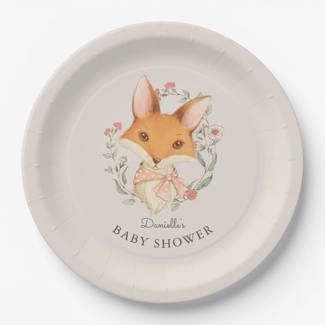 Woodland Fox Portrait Baby Shower for Girl Paper Plate (Front)