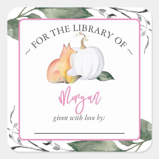 Woodland Fox Pumpkin Fall Baby Shower Bookplate Square Sticker (Front)