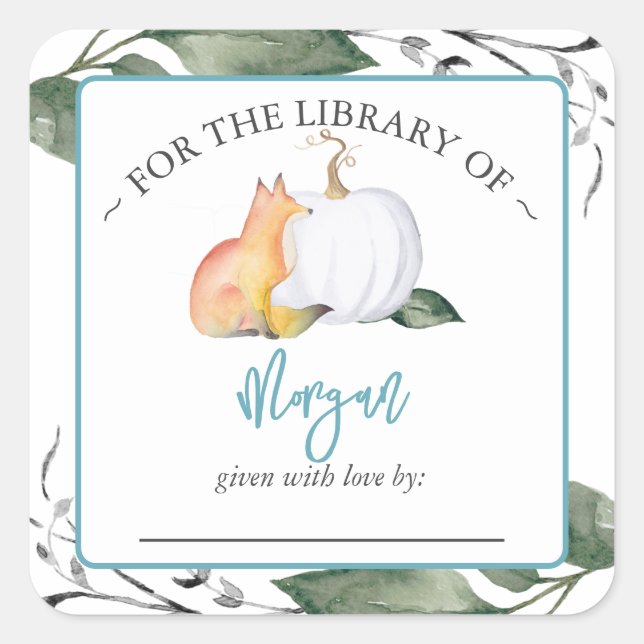 Woodland Fox Pumpkin Fall Baby Shower Bookplate Square Sticker (Front)