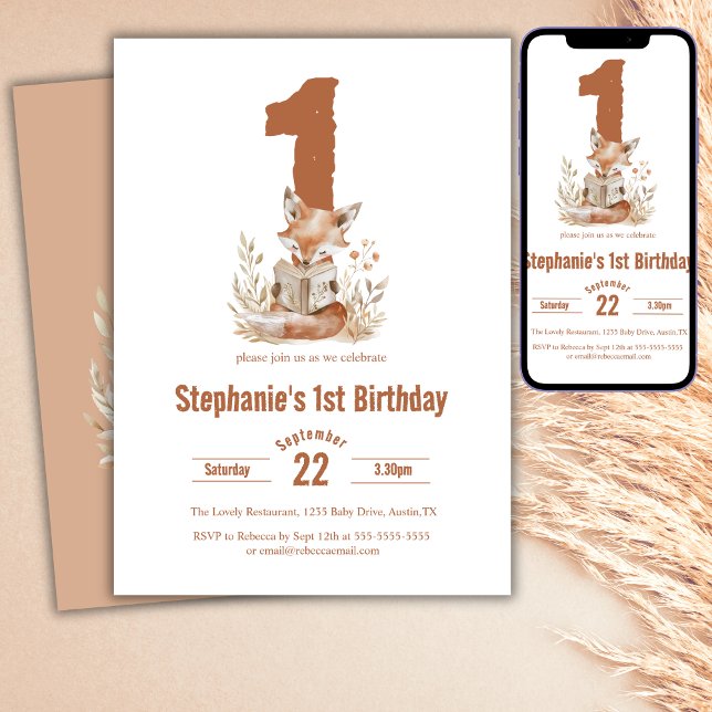  Woodland Fox Reading a Book 1st Birthday Party  Invitation (Creator Uploaded)