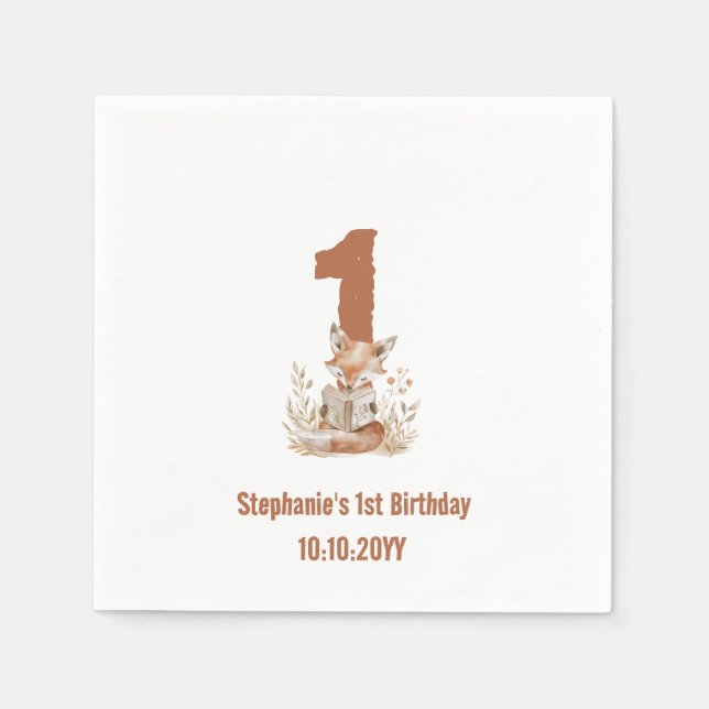  Woodland Fox Reading a Book 1st Birthday Party  Napkin (Front)