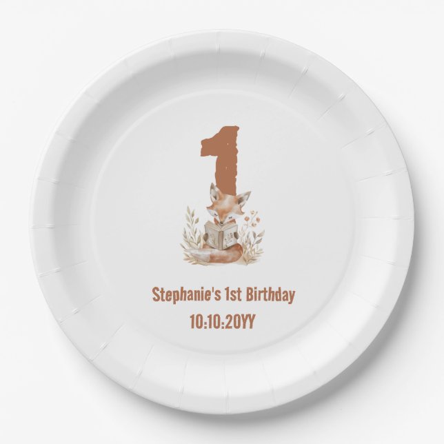  Woodland Fox Reading a Book 1st Birthday Party  Paper Plate (Front)
