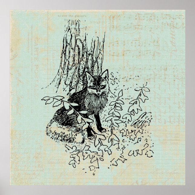 Woodland Fox Rustic Vintage Fox Art Poster (Front)
