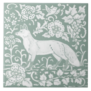 Woodland Fox Sage Green Floral Nature Design Tile
