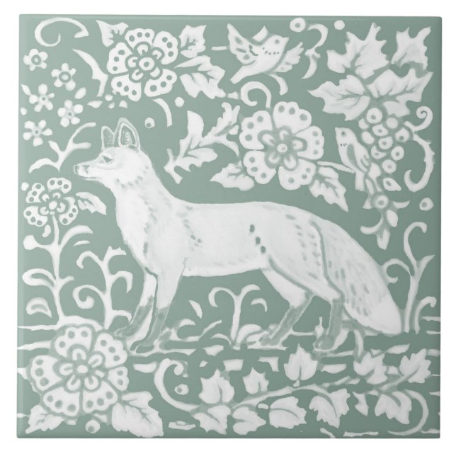 Woodland Fox Sage Green Floral Nature Design Tile (Front)