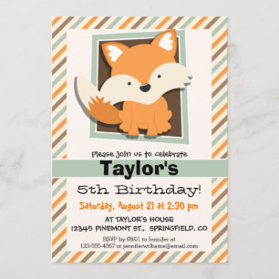 Woodland Fox; Sage Green, Orange, Brown Stripes Invitation