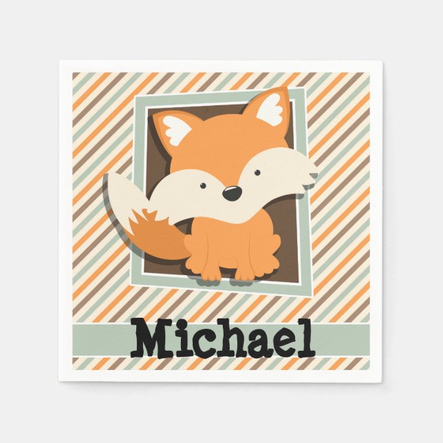 Woodland Fox; Sage Green, Orange, Brown Stripes Napkin (Front)