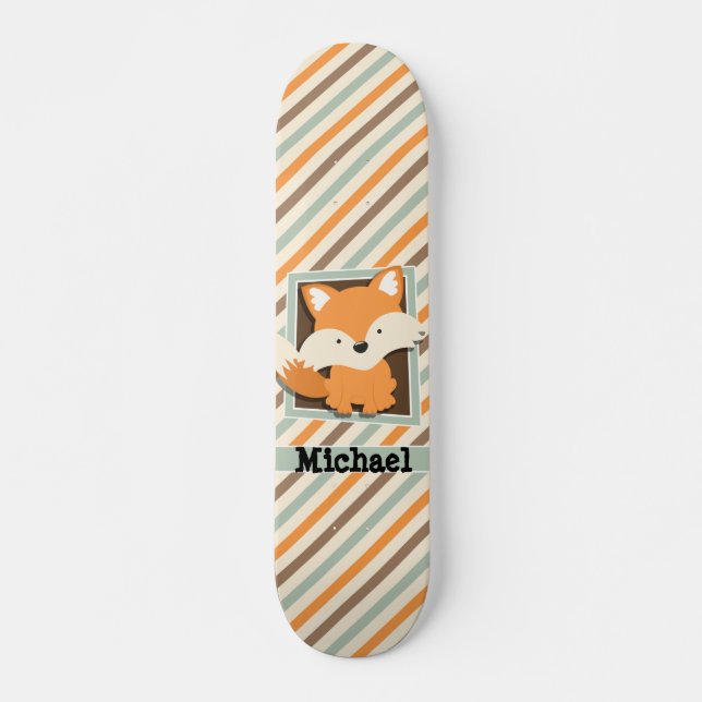 Woodland Fox; Sage Green, Orange, Brown Stripes Skateboard (Front)