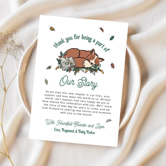 Woodland Fox Storybook Baby Shower Thank You  Card ("Our Story" Woodland Fox Baby Shower Thank You Cards)