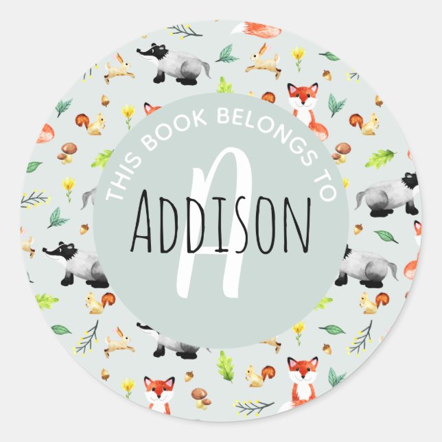 Woodland Fox This Book Belongs Name Kids Bookplate Classic Round Sticker (Front)