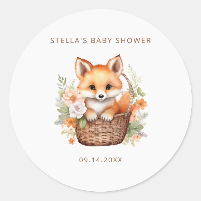 Woodland Fox Watercolor Baby Shower Personalized Classic Round Sticker (Front)