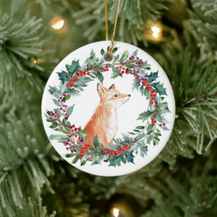 Woodland Fox Watercolor Christmas Ceramic Tree Decoration