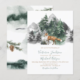 Woodland fox Watercolor Mountain Wedding Invitation
