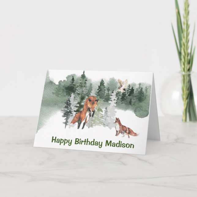 Woodland Fox Watercolor Personalised Birthday Card (Front)