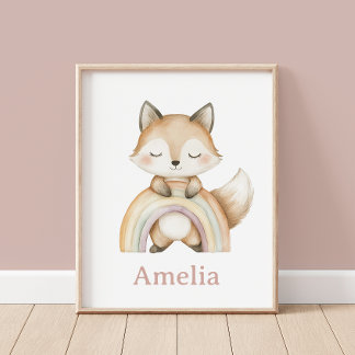 Woodland Fox With Boho Rainbow Nursery Poster
