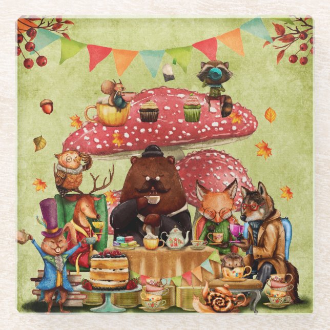 Woodland Friends at Teatime in Forest Glass Coaster (Front)